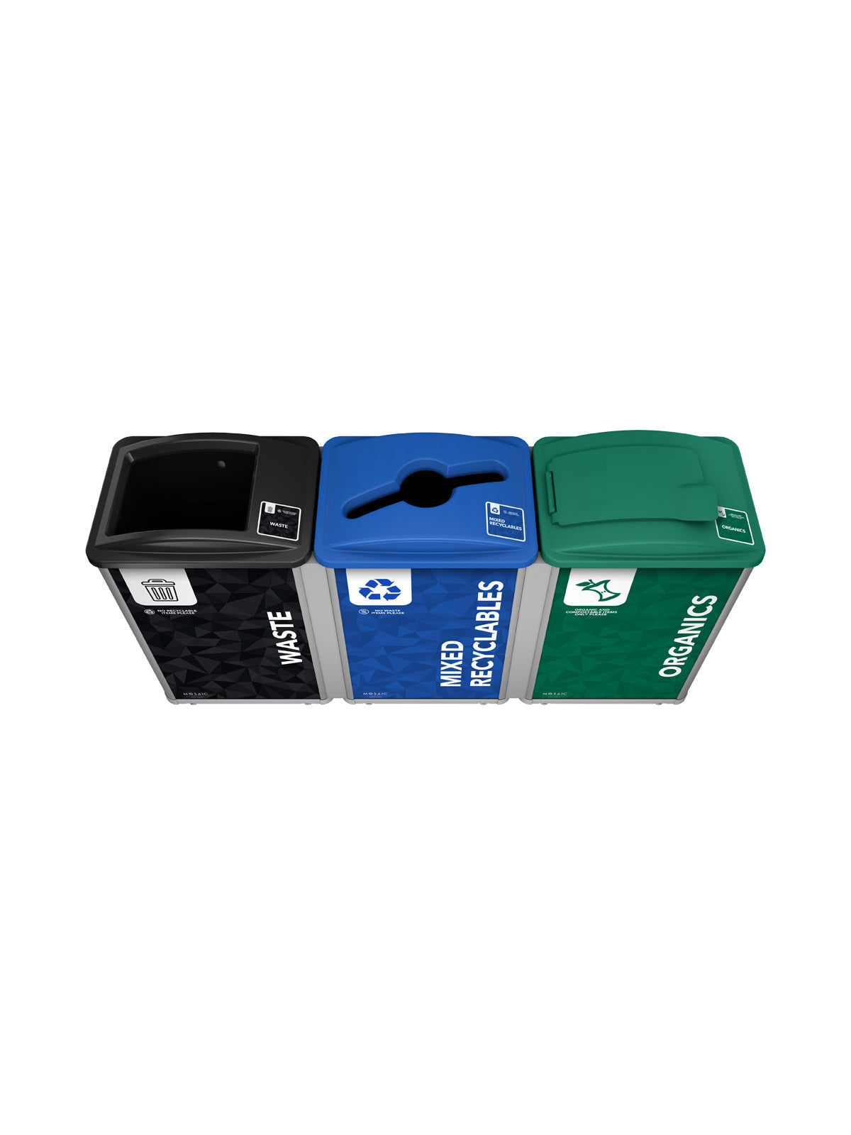 MOSAIC - Triple - Kit - Waste-Recyclables-Organics - Full-Mixed-Solid Lift - Silver-Black-Blue-Green