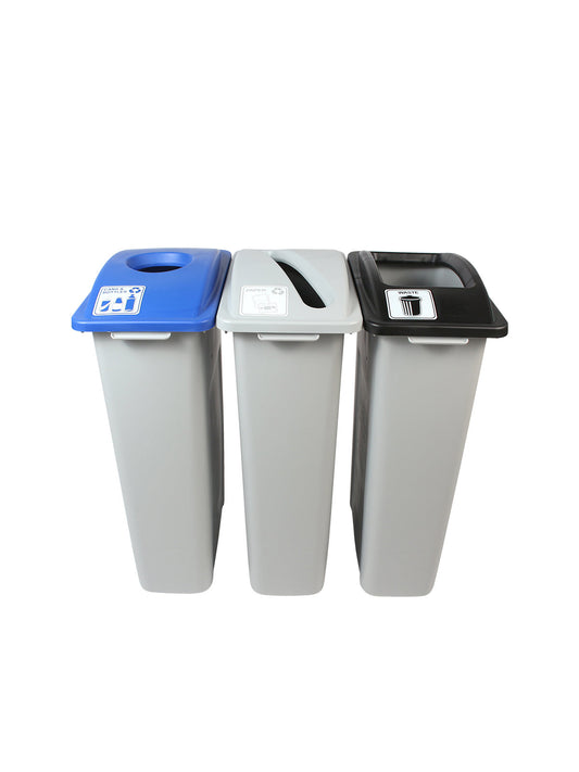 WASTE WATCHER - Triple - Kit - Cans & Bottles-Paper-Waste - Circle-Slot-Full - Grey-Blue-Grey-Black