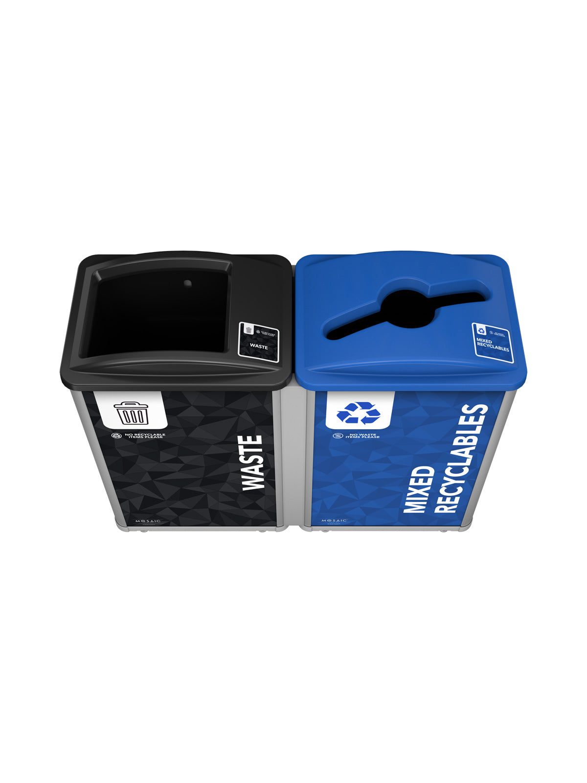 MOSAIC - Double Station-Black Blue Bins, Full-Mixed Opening Lids with Waste-Mixed Recyclables Lid Labels and Body Signage (Wide Front-Facing Orientation)