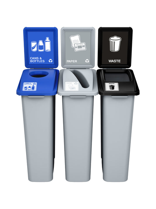 WASTE WATCHER - Triple - Kit - Cans & Bottles-Paper-Waste - Circle-Slot-Full - Grey-Blue-Grey-Black