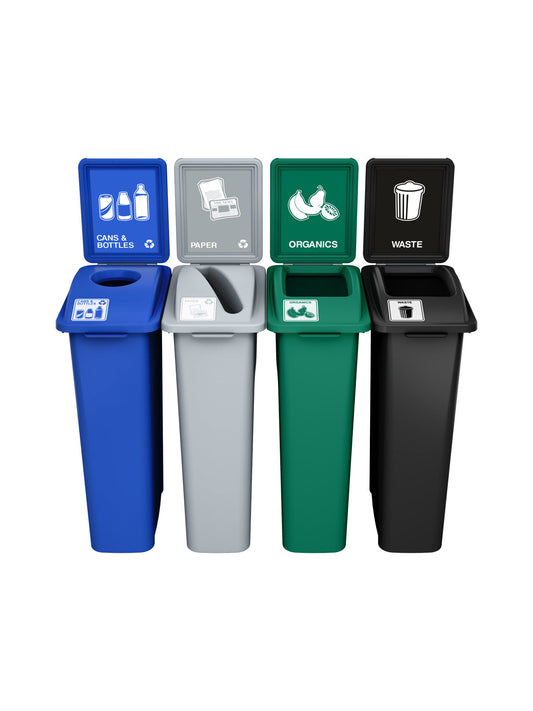 WASTE WATCHER - Quad - Kit - Cans & Bottles-Paper-Organics-Waste - Circle-Slot-Full - Blue-Grey-Green-Black