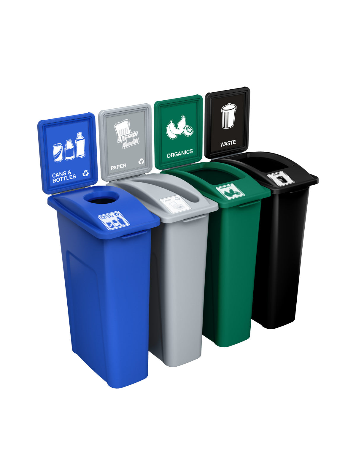 WASTE WATCHER - Quad - Kit - Cans & Bottles-Paper-Organics-Waste - Circle-Slot-Full - Blue-Grey-Green-Black