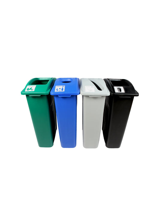 WASTE WATCHER - Quad - Kit - Cans & Bottles-Paper-Organics-Waste - Circle-Slot-Full - Blue-Grey-Green-Black