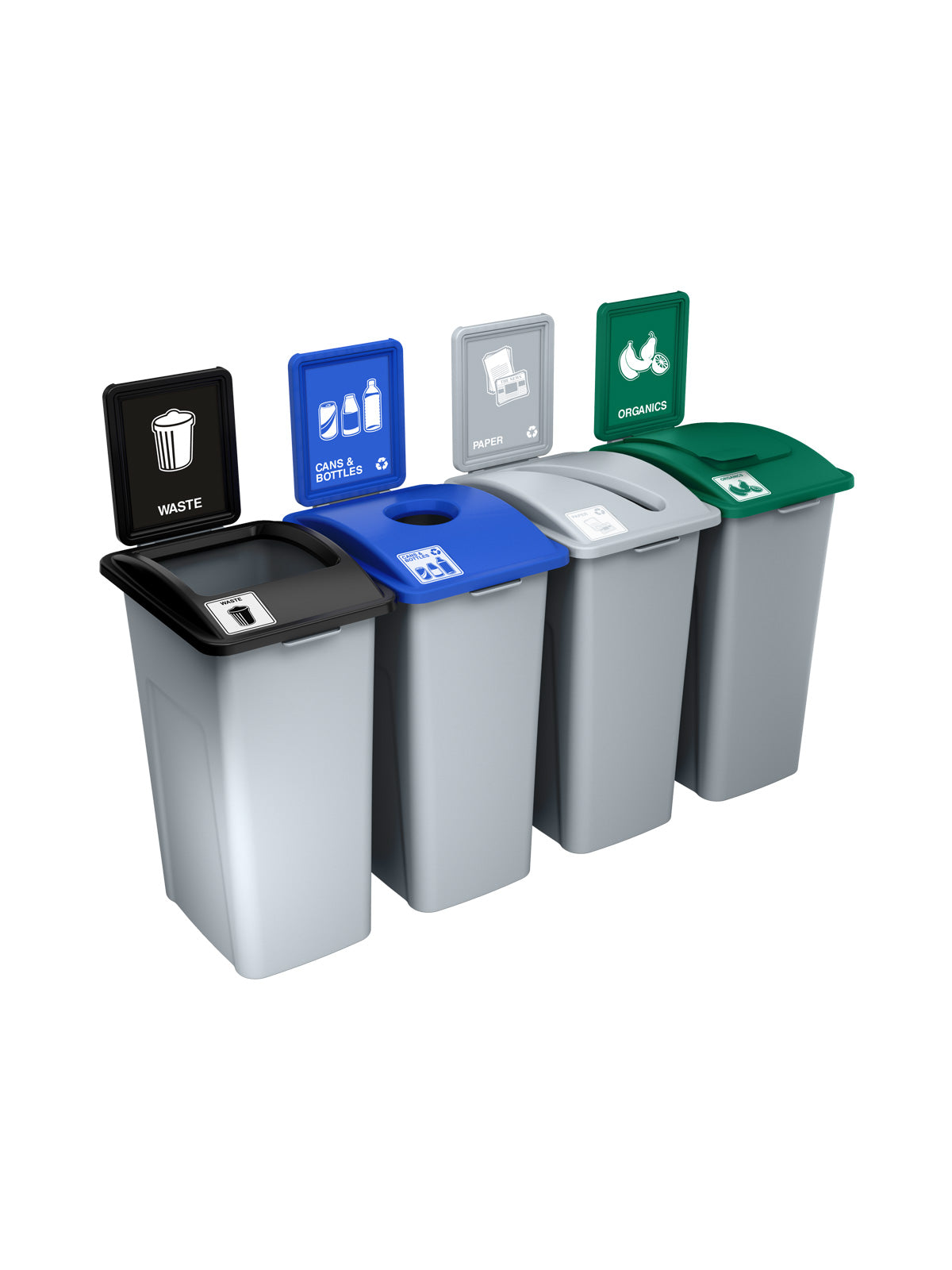 WASTE WATCHER - Quad - Kit - Xl - Waste-Cans & Bottles-Paper-Organics - Full-Circle-Slot-Solid Lift - Grey-Black-Blue-Grey-Green
