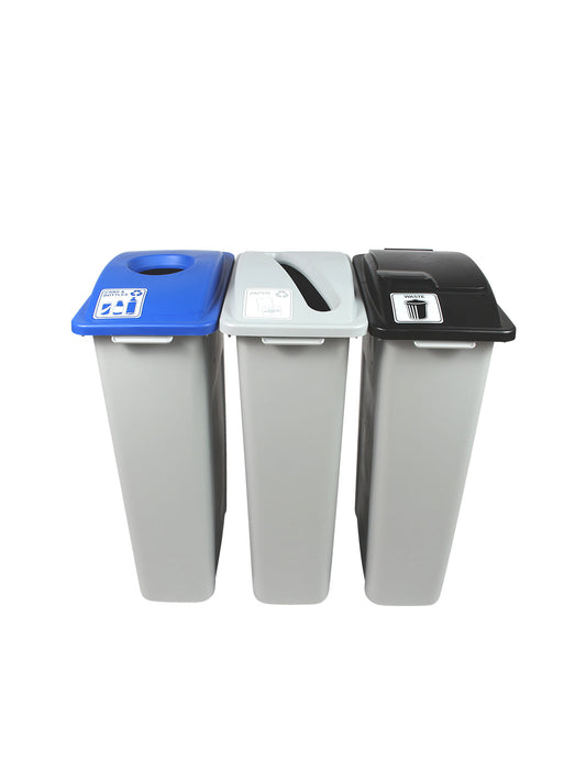 WASTE WATCHER - Triple - Kit - Cans & Bottles-Paper-Waste - Circle-Slot-Solid Lift - Grey-Blue-Grey-Black