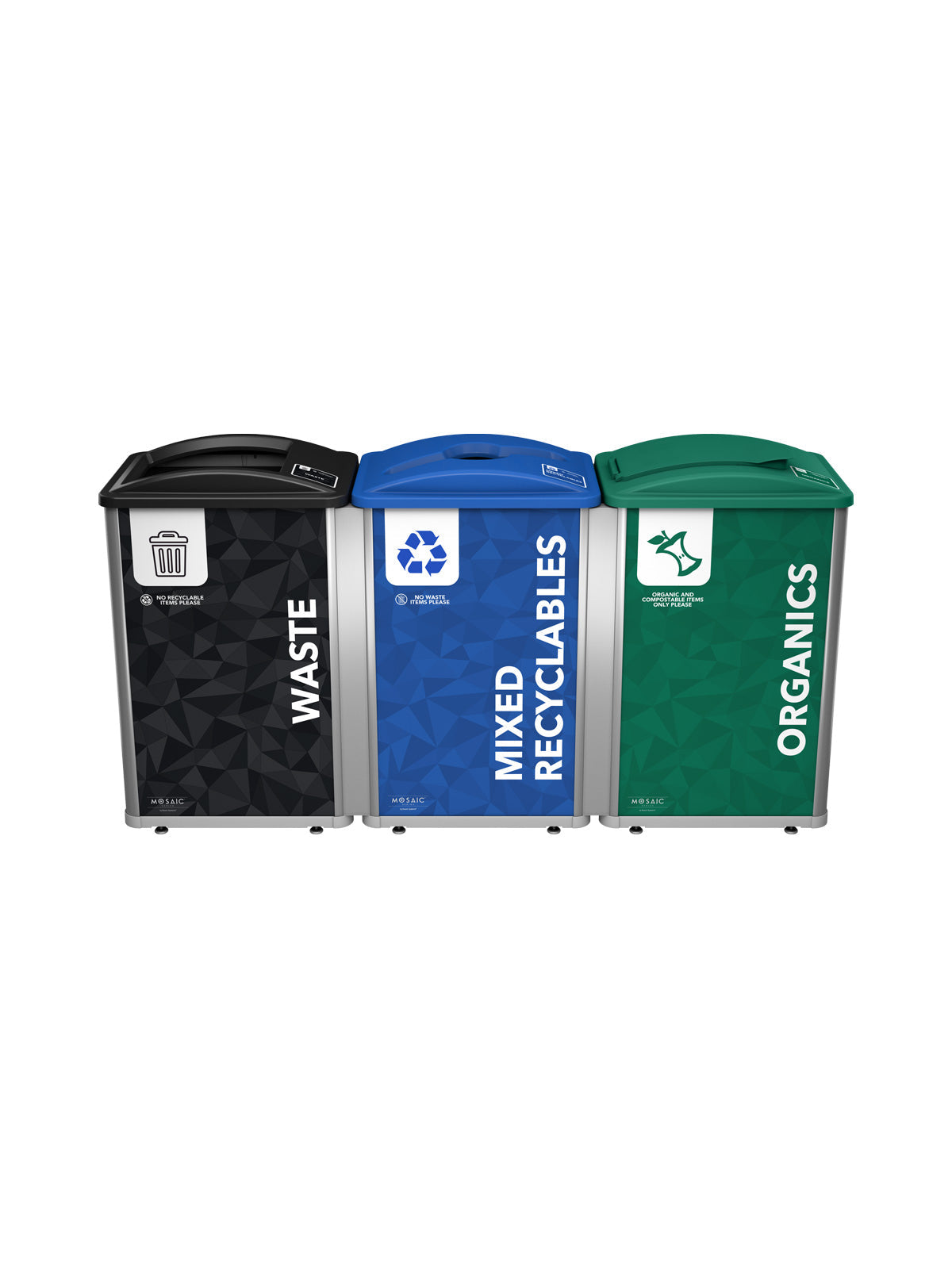 MOSAIC - Triple - Kit - Waste-Recyclables-Organics - Full-Mixed-Solid Lift - Silver-Black-Blue-Green