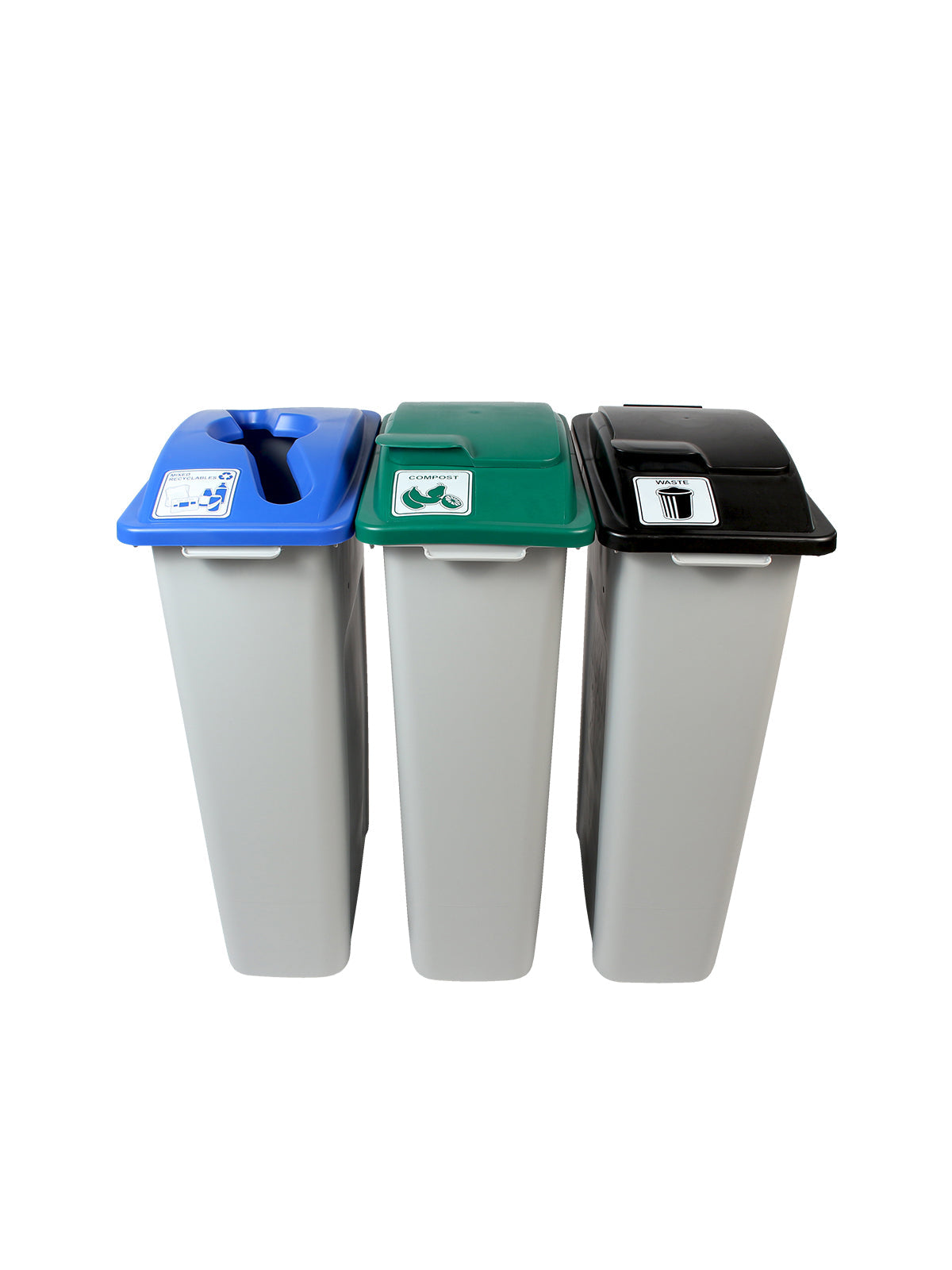 WASTE WATCHER - Triple Station, Grey 23G Bodies, Blue (Mixed(, Green (Solid Lift), Black (Solid Lift) Lids, Connectors and 'Mixed Recyclables-Compost-Waste' Lid Labels