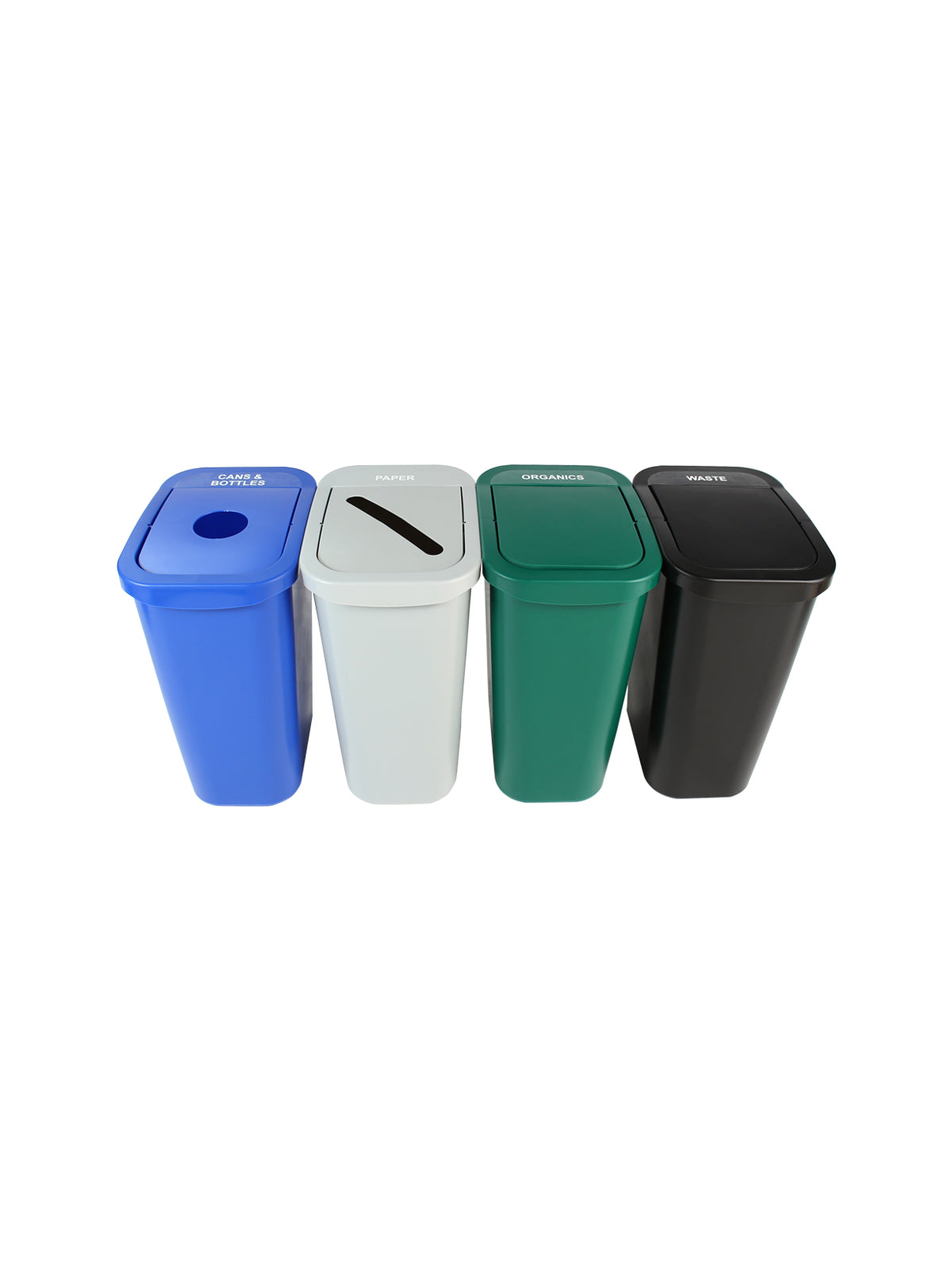 BILLI BOX - Quad - Kit - 10 G - Cans & Bottles-Paper-Organics-Waste - Circle-Slot-Swing-Swing - Blue-Grey-Green-Black