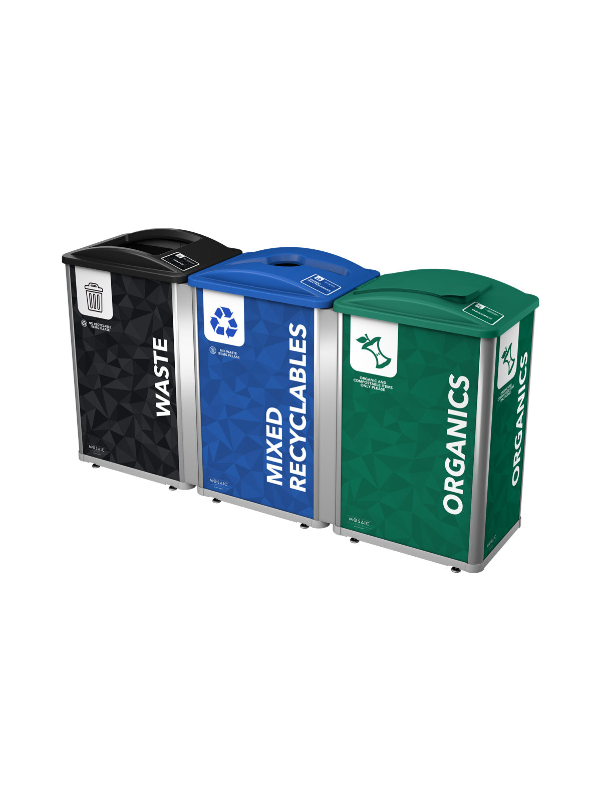 MOSAIC - Triple - Kit - Waste-Recyclables-Organics - Full-Mixed-Solid Lift - Silver-Black-Blue-Green