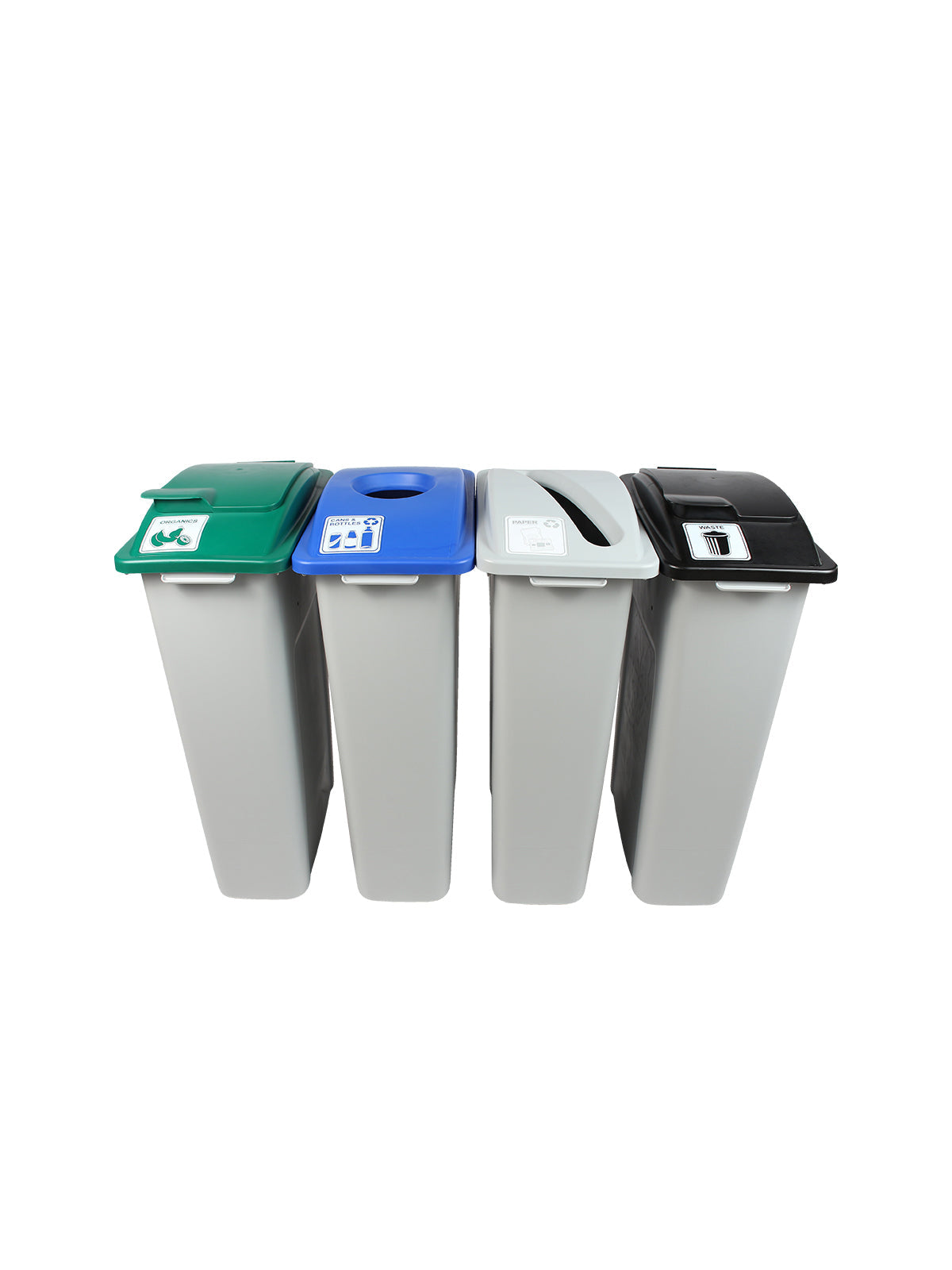 WASTE WATCHER - Quad Station, 23G Grey Bodies, Green (Solid Lift), Blue (Circle), Grey (Slot), Black (Solid Lift) Lids, Connector Kits, and 'Cans & Bottles-Paper-Compost-Waste' Lid Labels