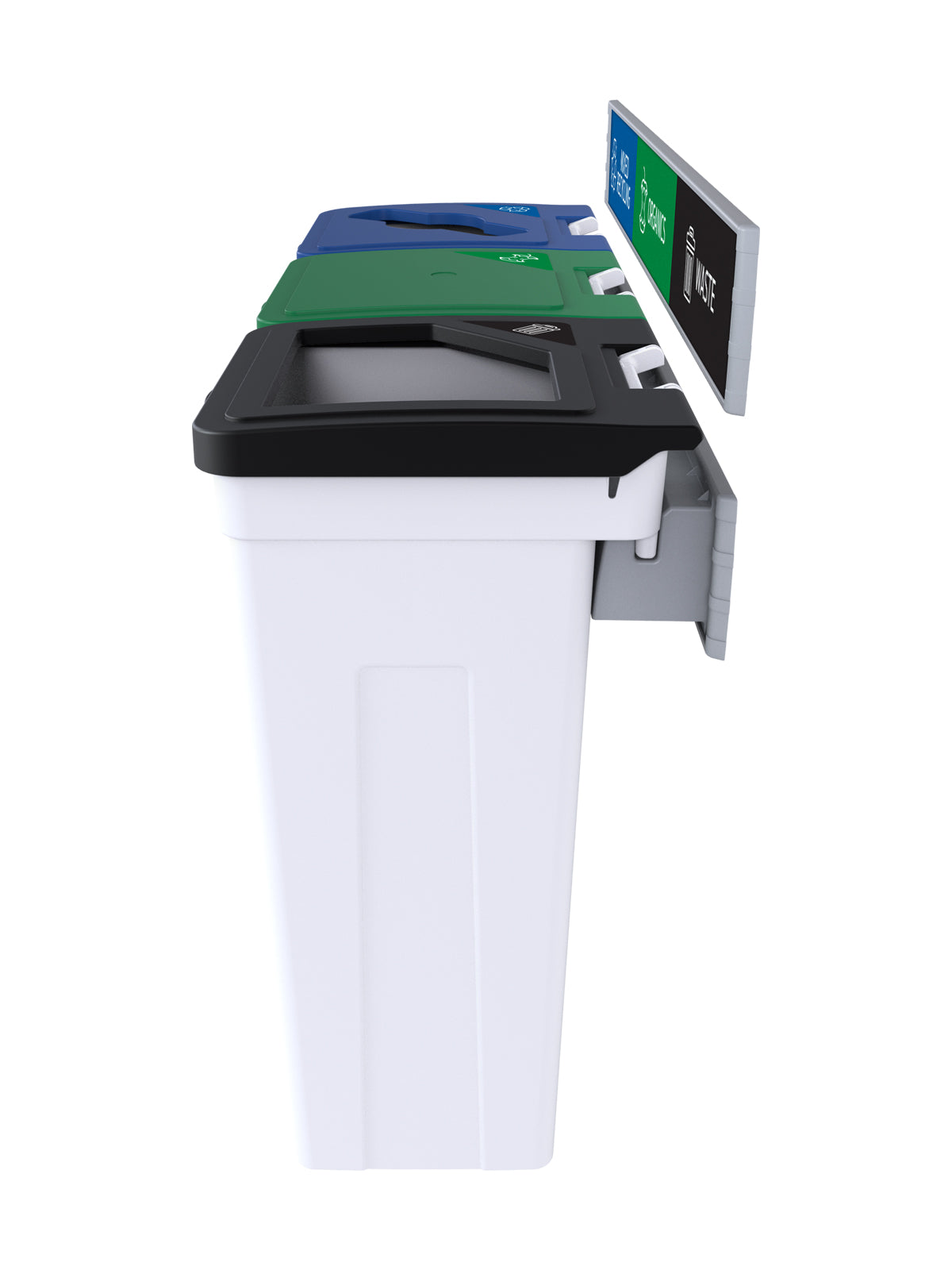 RISE - Triple White Body with Black Full/Green Solid Lift/Blue Mixed Opening Lids, 'Waste', 'Organics', & 'Mobius Loop' Sign and Lid Labels, and Wall Mount Aluminum Extrusions