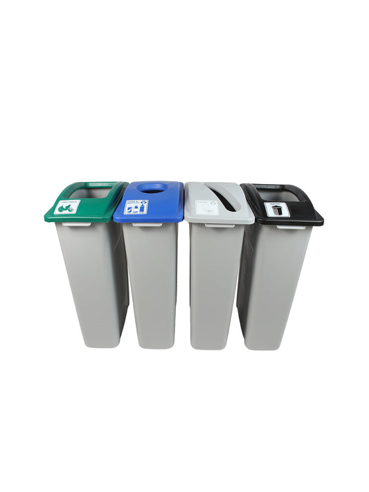 WASTE WATCHER - Quad - Kit - Cans & Bottles-Paper-Compost-Waste - Circle-Slot-Full - Grey-Blue-Grey-Green-Black