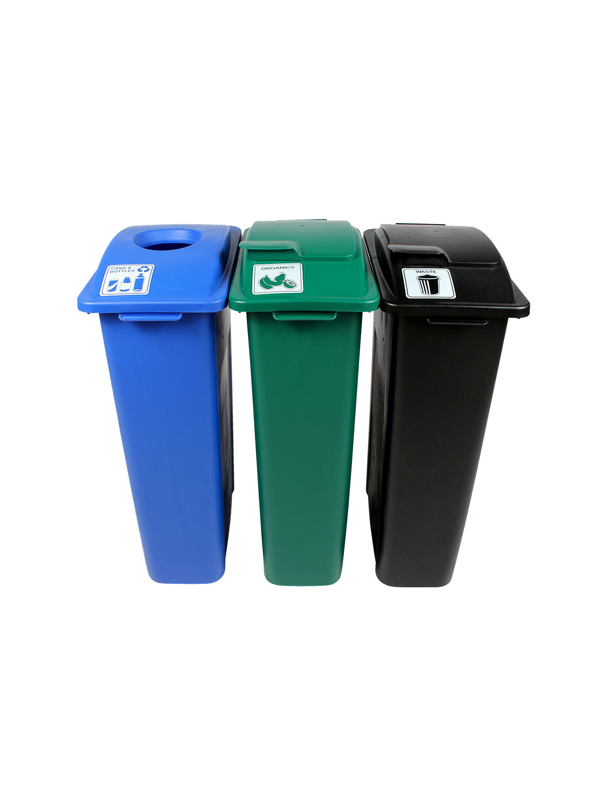 WASTE WATCHER - Triple Station, Blue-Green-Black 23G Bodies, Blue (Circle), Green (Solid Lift), Black (Solid Lift) Opening Lids, Connectors, and 'Cans & Bottles-Organics-Waste' Lid Labels