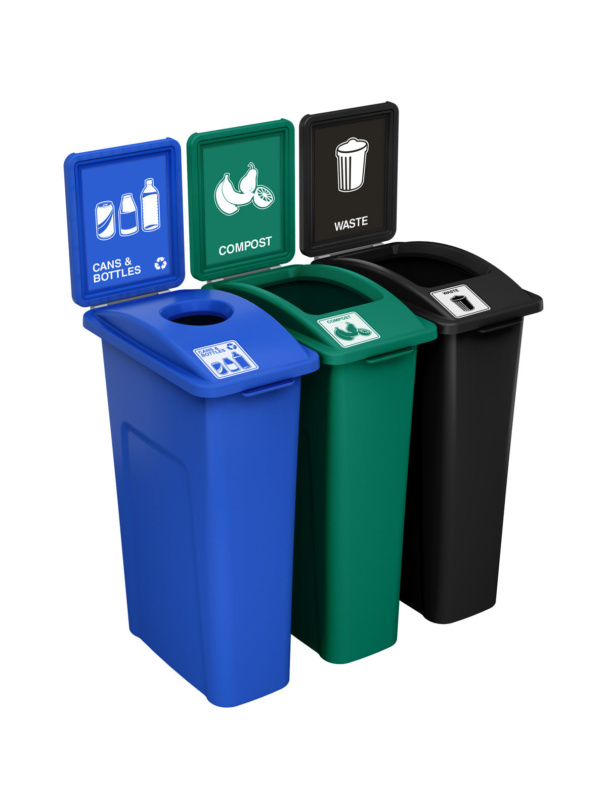 WASTE WATCHER - Triple - Kit - Cans & Bottles-Compost-Waste - Circle-Full - Blue-Green-Black