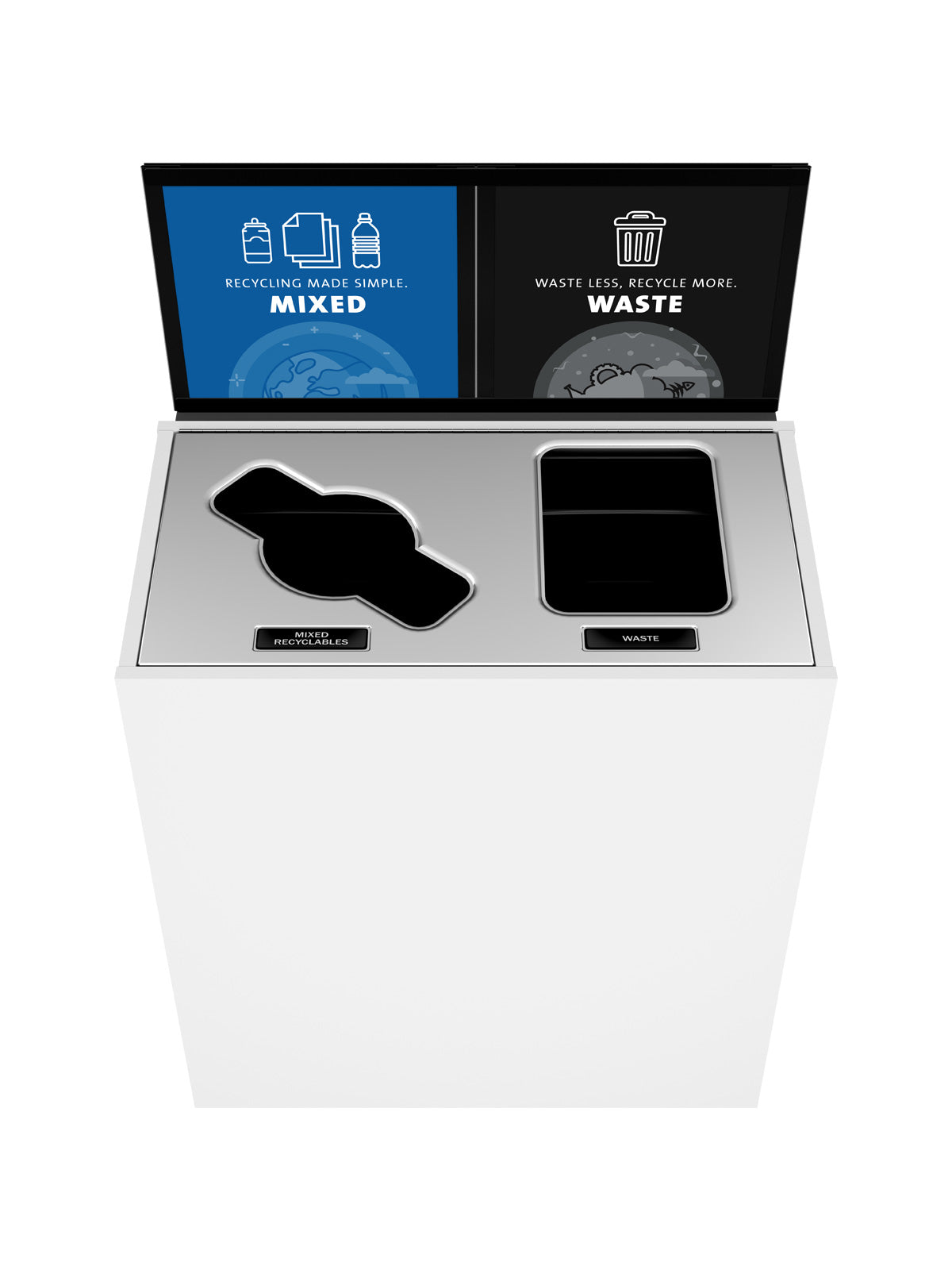 ARISTATA - Double Stream, Glacier Finish, Hinged Stainless Steel Lid with Mixed-Full Openings and Sign Frame