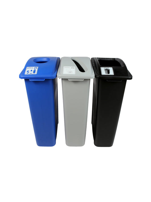 WASTE WATCHER - Triple - Kit - Cans & Bottles-Paper-Waste - Circle-Slot-Full - Blue-Grey-Black