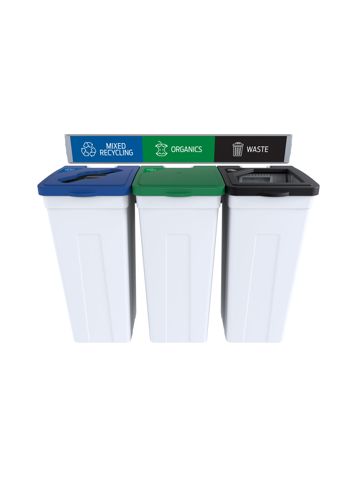 RISE - Triple White Body with Black Full/Green Solid Lift/Blue Mixed Opening Lids, 'Waste', 'Organics', & 'Mobius Loop' Sign and Lid Labels, and Wall Mount Aluminum Extrusions