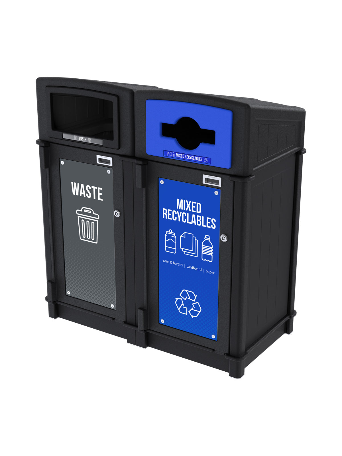 FUSION - Two-Stream Waste and Mixed Recyclables Front-Load Collection Station with Full-Mixed Lid Openings and Door Signage