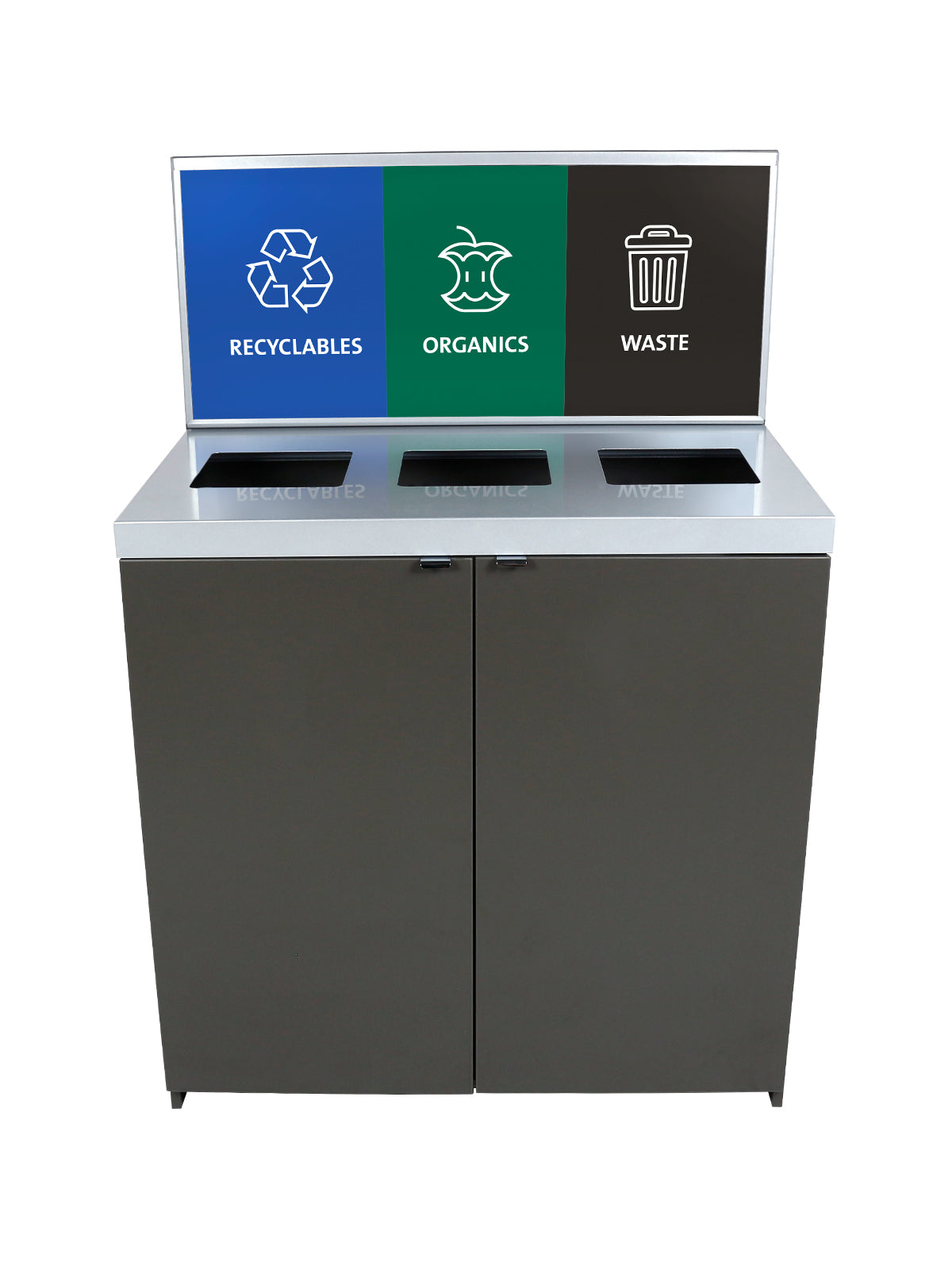 SESSANTA - Triple-Stream Station in Slate Finish with Sign Frame and 'Recyclables', 'Organics', 'Waste' Signs