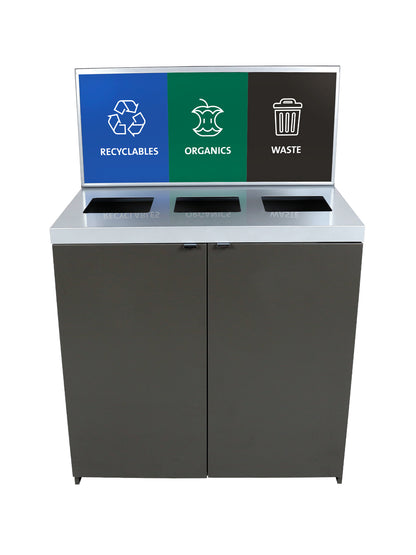 SESSANTA - Triple-Stream Station in Slate Finish with Sign Frame and 'Recyclables', 'Organics', 'Waste' Signs