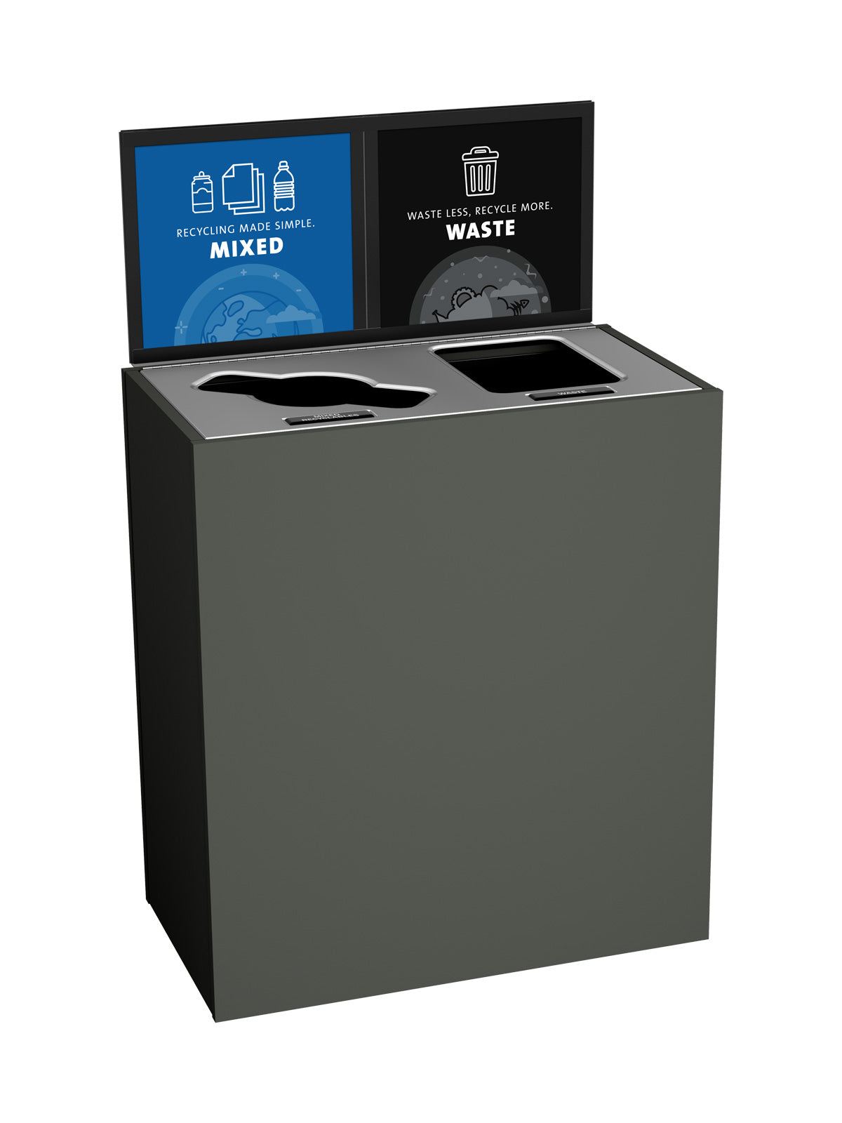 ARISTATA - Double Stream, Slate Finish, Hinged Stainless Steel Lid with Mixed-Full Openings, and Sign Frame
