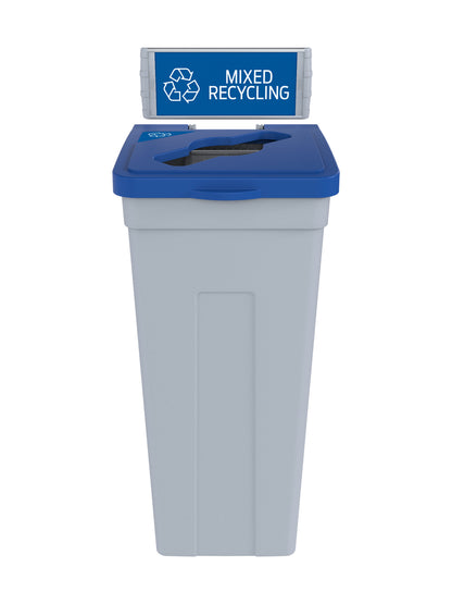 RISE - Grey Body with Blue Mixed Opening Lid, 'Mixed Recyclables' Sign and Lid Label, and Wall Mount Aluminum Extrusions