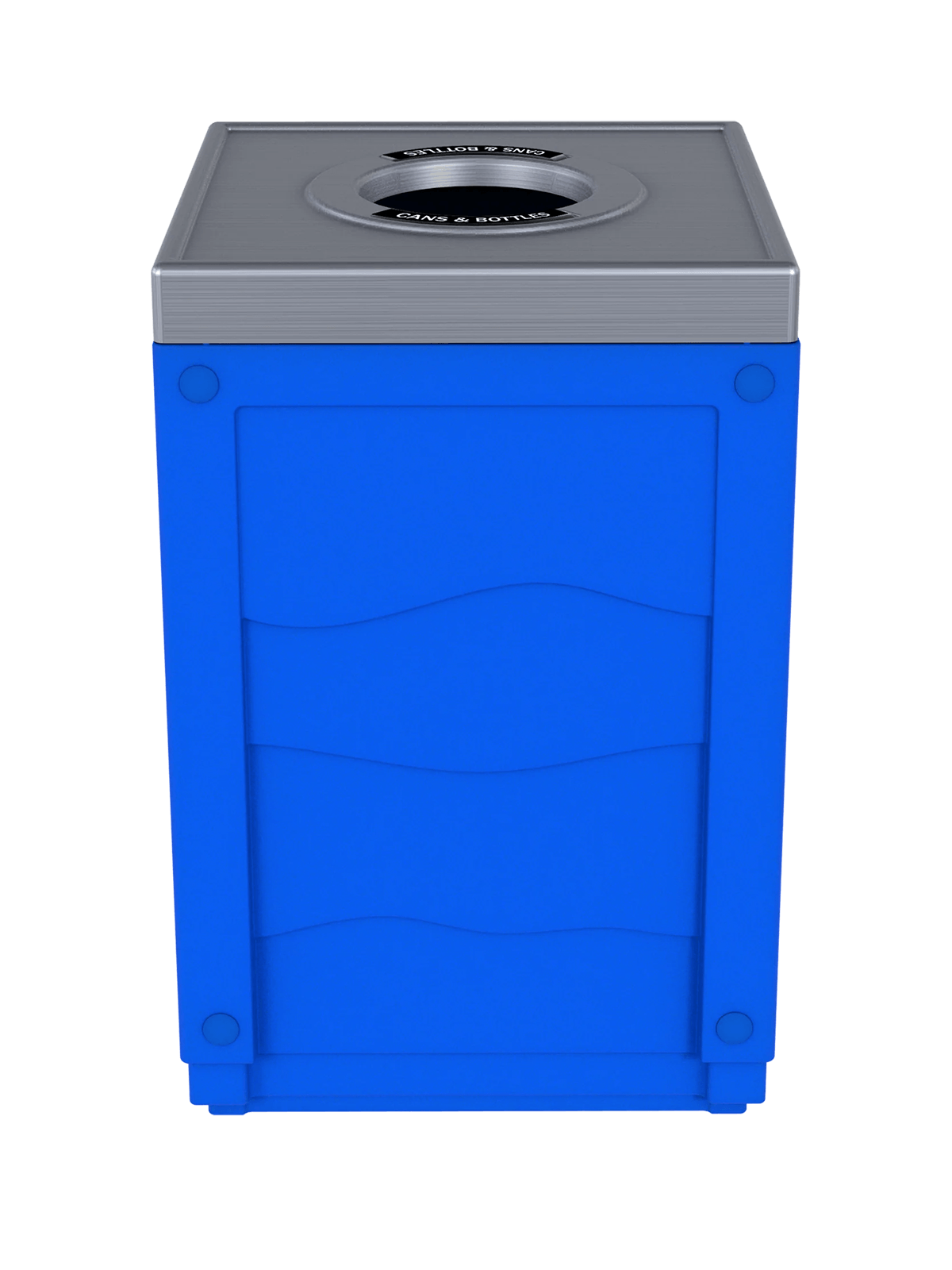 EVOLVE - 50G Blue Cube with Circle Opening Lid in Stainless 'Finish' and 'Cans & Bottles' Lid Labels