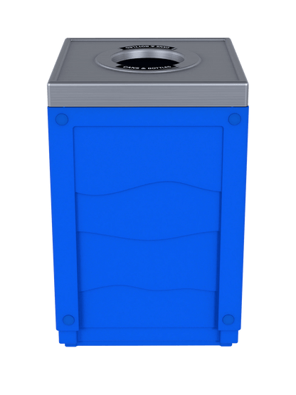 EVOLVE - 50G Blue Cube with Circle Opening Lid in Stainless 'Finish' and 'Cans & Bottles' Lid Labels