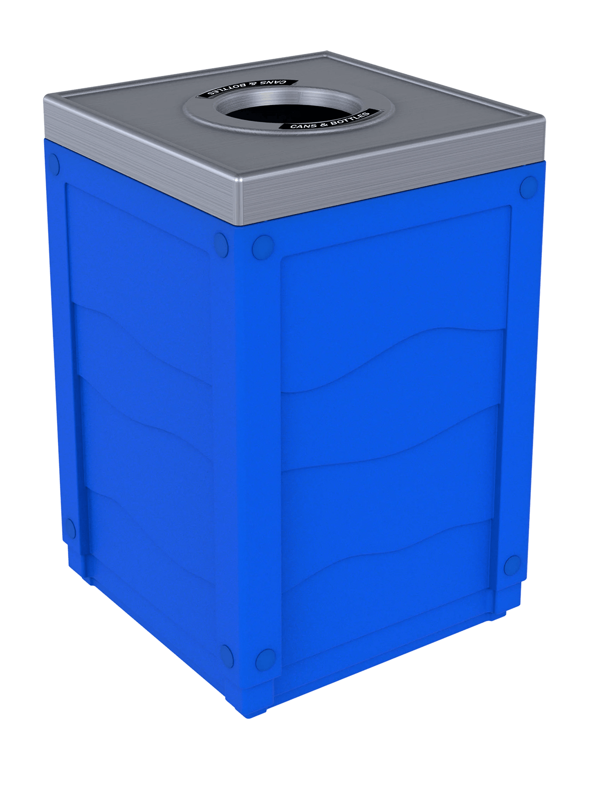 EVOLVE - 50G Blue Cube with Circle Opening Lid in Stainless 'Finish' and 'Cans & Bottles' Lid Labels
