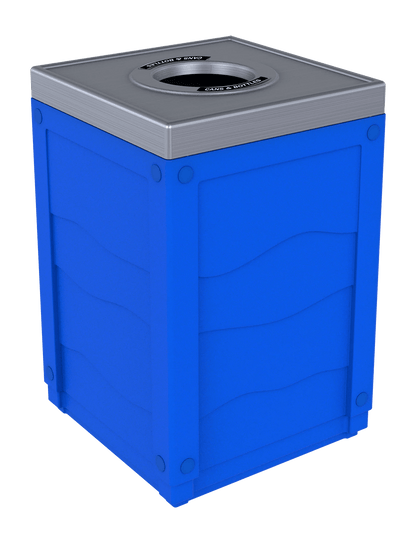 EVOLVE - 50G Blue Cube with Circle Opening Lid in Stainless 'Finish' and 'Cans & Bottles' Lid Labels