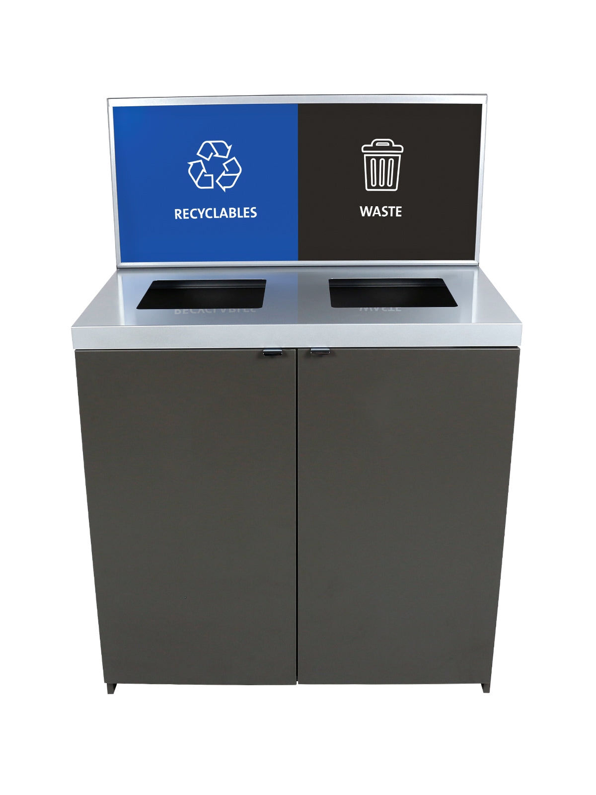 SESSANTA - Double-Stream Station in Slate Finish with Sign Frame and 'Recyclables' 'Waste' Signs