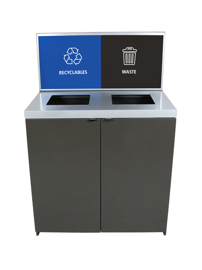 SESSANTA - Double-Stream Station in Slate Finish with Sign Frame and 'Recyclables' 'Waste' Signs