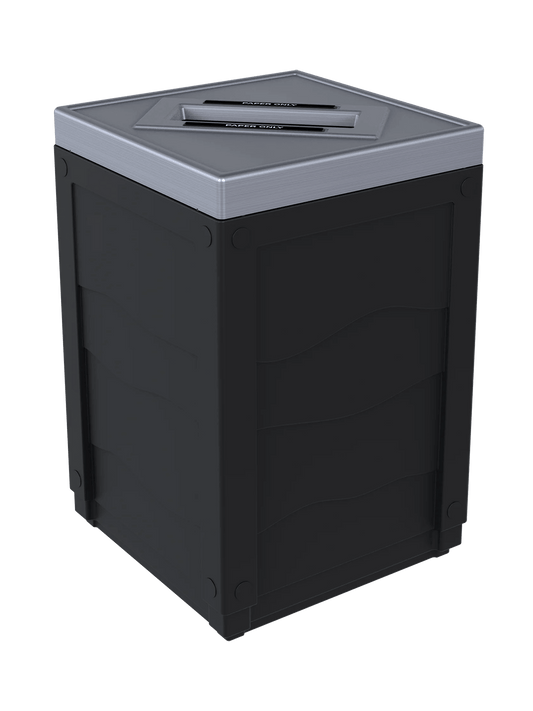EVOLVE - 50G Black Cube with Slot Opening Lid (Stainless Steel Finish) and 'Paper' Lid Labels