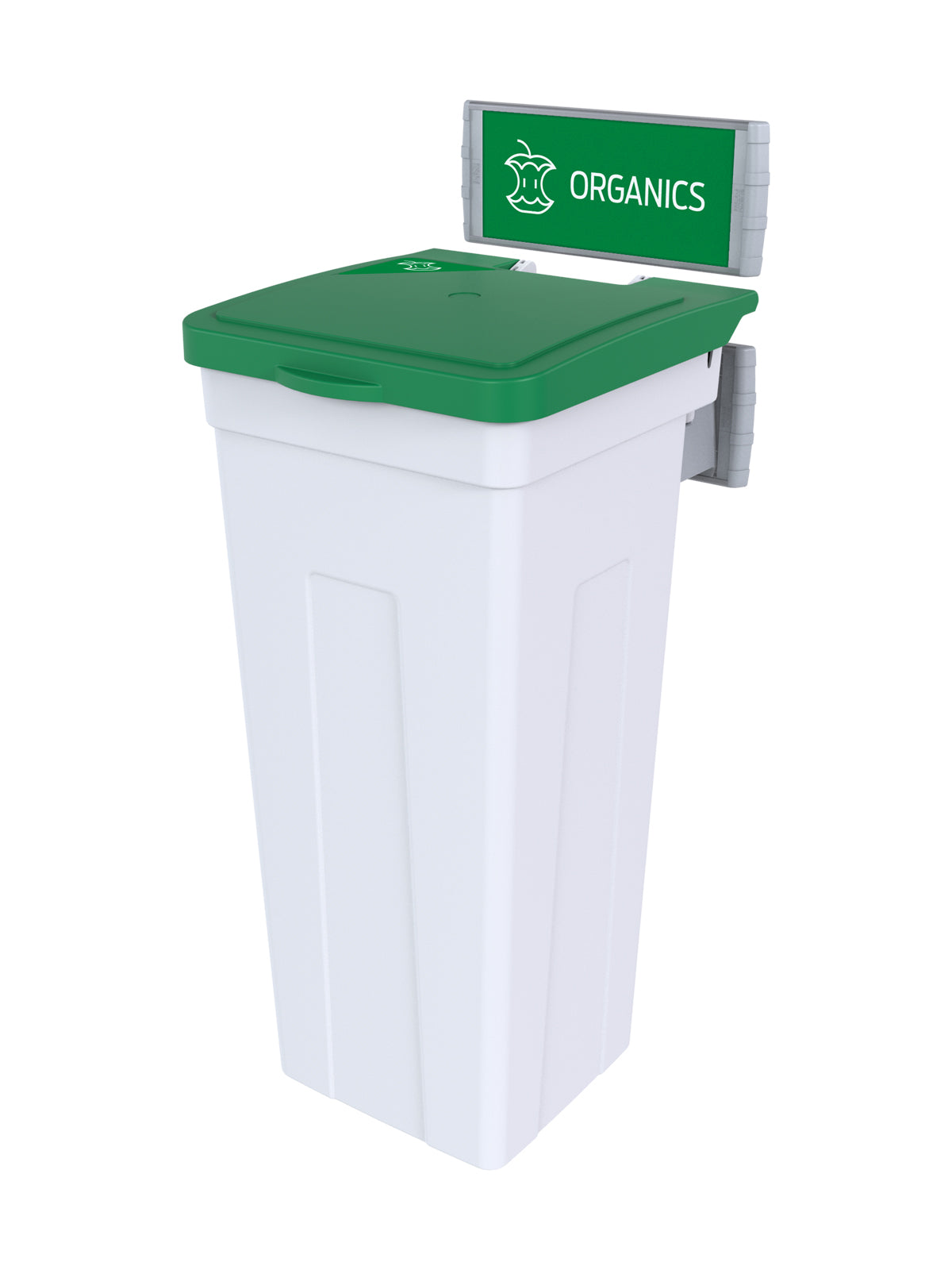 RISE - White Body with Green Solid Lift Opening Lid, 'Organics' Sign and Lid Label, and Wall Mount Aluminum Extrusions