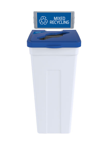 RISE - White Body with Blue Mixed Opening Lid, 'Mixed Recyclables' Sign and Lid Label, and Wall Mount Aluminum Extrusions
