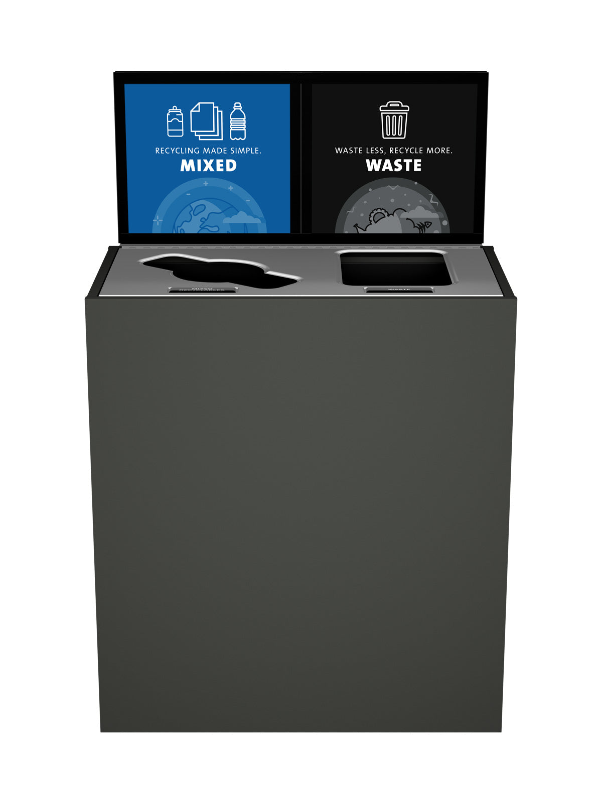 ARISTATA - Double Stream, Slate Finish, Hinged Stainless Steel Lid with Mixed-Full Openings, and Sign Frame