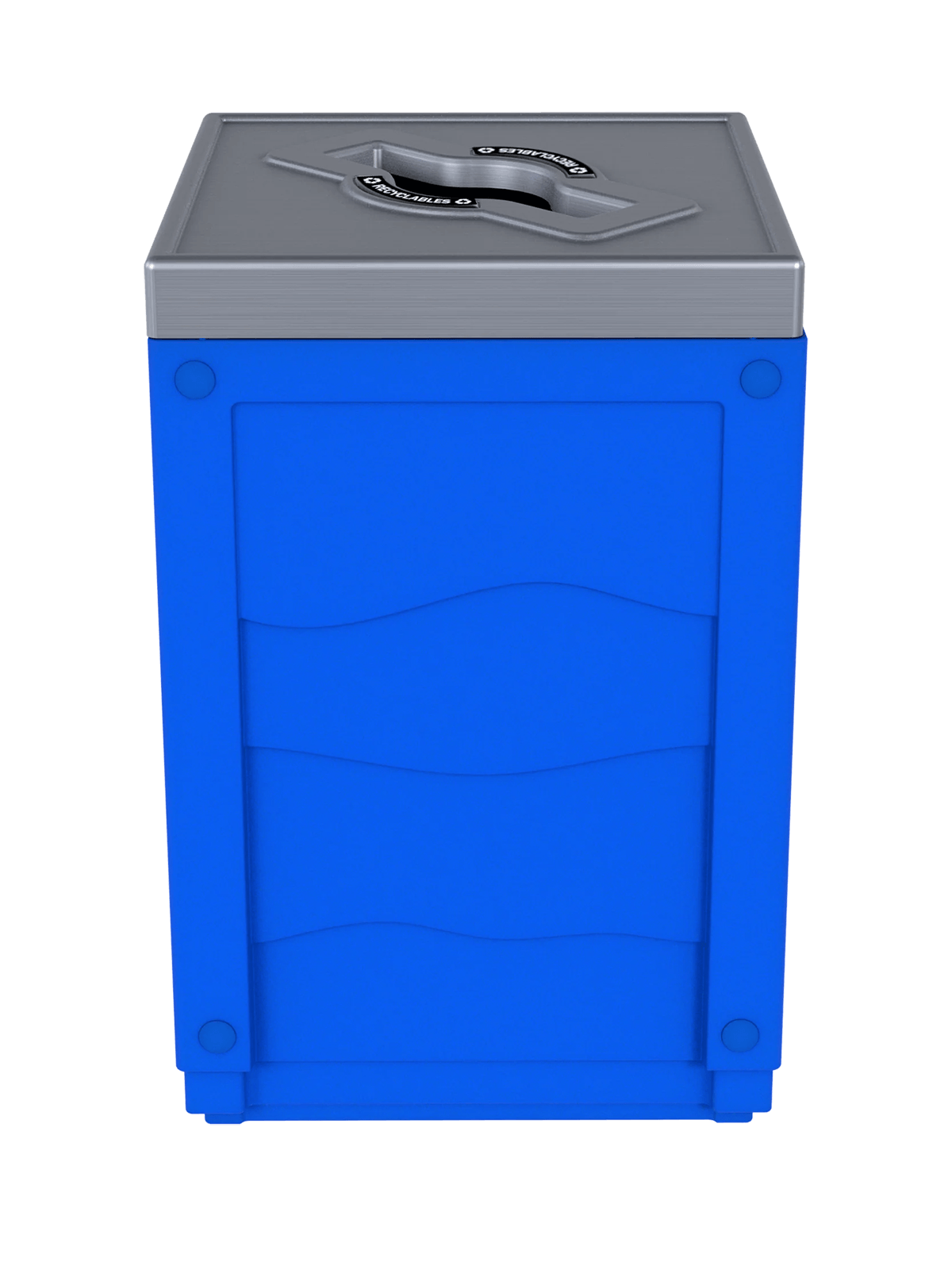 EVOLVE - 50G Blue Cube with Mixed Opening Lid in Stainless Finish with 'Recyclables' Lid Labels