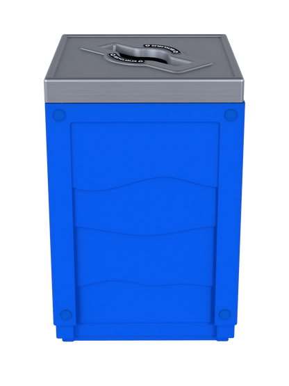 EVOLVE - 50G Blue Cube with Mixed Opening Lid in Stainless Finish with 'Recyclables' Lid Labels