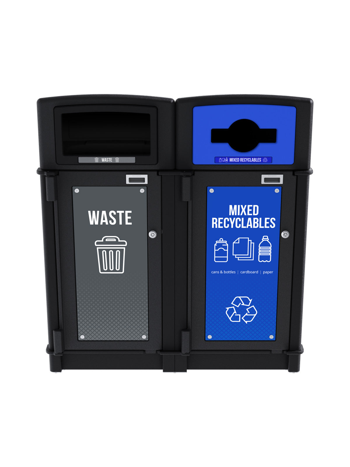 FUSION - Two-Stream Waste and Mixed Recyclables Front-Load Collection Station with Full-Mixed Lid Openings and Door Signage