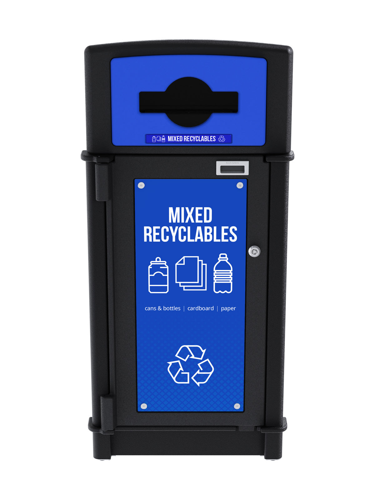 FUSION - Single Stream Front-Load Mixed Recyclables Bin with Mixed Lid Opening and Door Signage