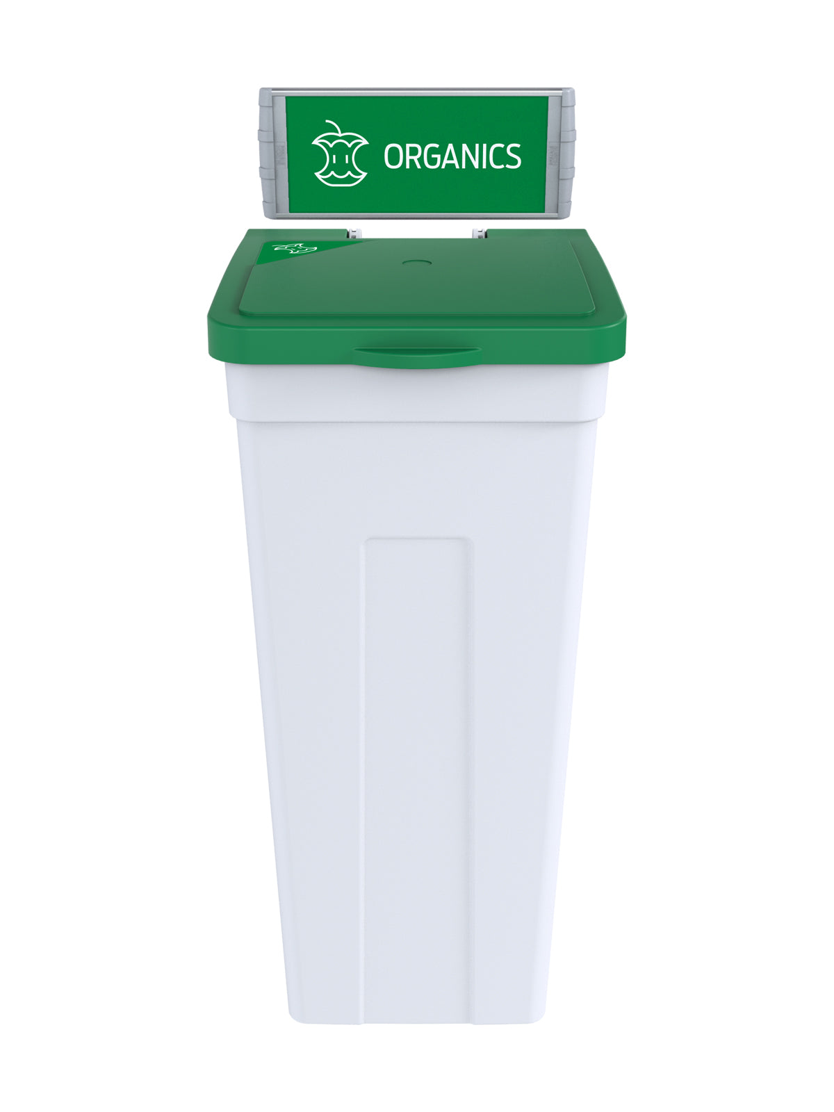 RISE - White Body with Green Solid Lift Opening Lid, 'Organics' Sign and Lid Label, and Wall Mount Aluminum Extrusions