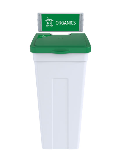 RISE - White Body with Green Solid Lift Opening Lid, 'Organics' Sign and Lid Label, and Wall Mount Aluminum Extrusions