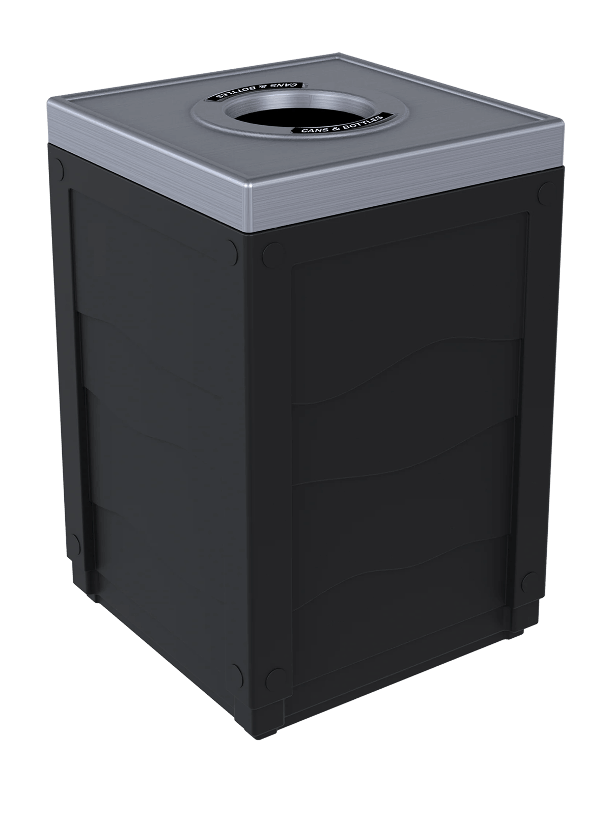EVOLVE - 50G Black Cube with Circle Opening Lid (Stainless Steel Finish) and Cans & Bottles Label