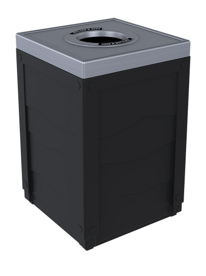 EVOLVE - 50G Black Cube with Circle Opening Lid (Stainless Steel Finish) and Cans & Bottles Label
