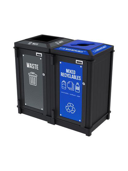 FUSION - Two-Stream Waste and Mixed Recyclables Top-Load Collection Station with Full-Mixed Lid Openings and Door Signage