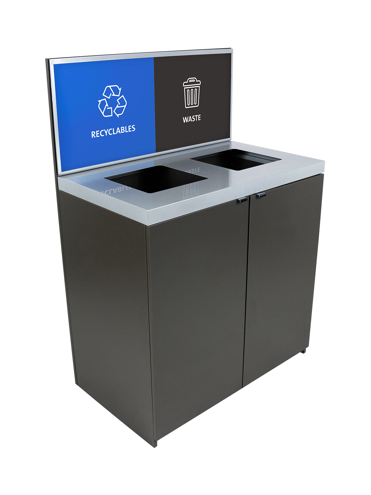SESSANTA - Double-Stream Station in Slate Finish with Sign Frame and 'Recyclables' 'Waste' Signs