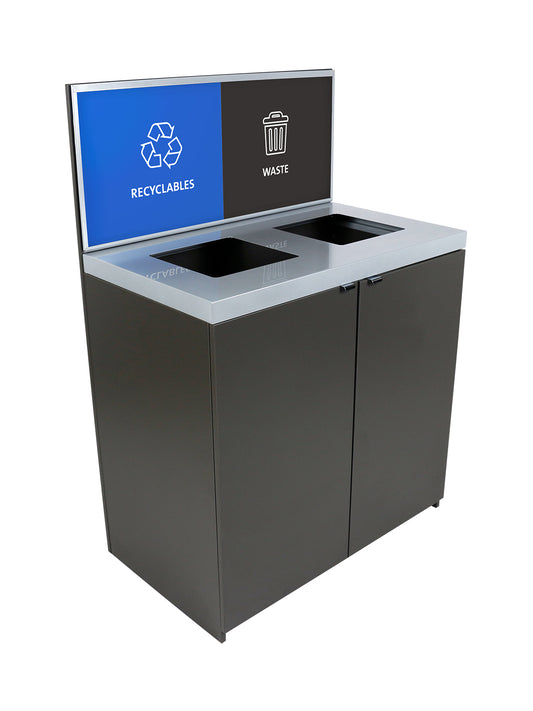 SESSANTA - Double-Stream Station in Slate Finish with Sign Frame and 'Recyclables' 'Waste' Signs