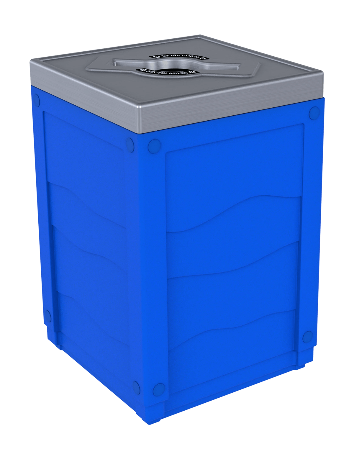EVOLVE - 50G Blue Cube with Mixed Opening Lid in Stainless Finish with 'Recyclables' Lid Labels
