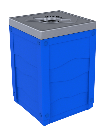 EVOLVE - 50G Blue Cube with Mixed Opening Lid in Stainless Finish with 'Recyclables' Lid Labels