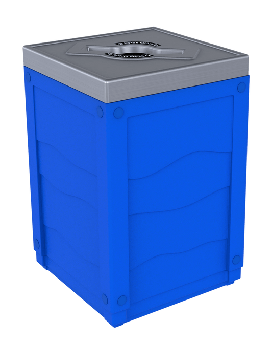 EVOLVE - 50G Blue Cube with Mixed Opening Lid in Stainless Finish with 'Recyclables' Lid Labels